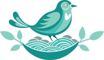 Cute teal bird perched in a stylized nest with leaves
