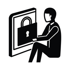 Internet User Entering Secure Password To Protect Account Vector Silhouette On White Background  