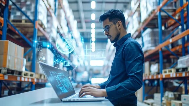 Man Using Laptop with Futuristic Holographic Interface in Warehouse. - Powered by Adobe