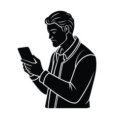 Remote Freelancer Using Smartphone To Communicate With Client Vector Silhouette On White Background  