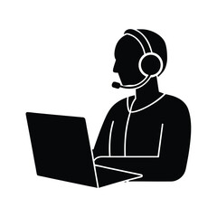 Remote Worker Attending Virtual Meeting Using Laptop Vector Silhouette On White Background  