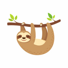 Obraz premium Cute sloth hanging on a tree branch with green leaves 1.