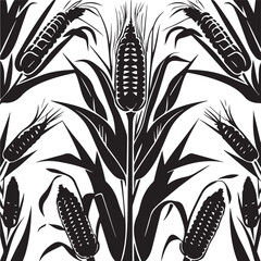 Black Silhouette growing corn with leaves vegetable harvest black and white vector shape 