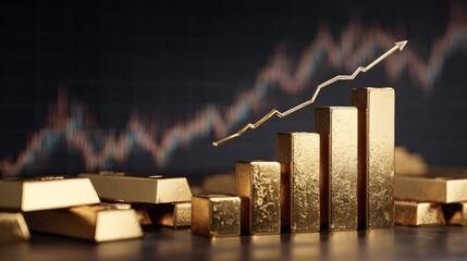 3D scene of golden bars with rising line chart overlay, illustrating investment growth and wealth accumulation concept