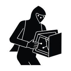 Hacker Stealing Data From Unsecured Network Vector Silhouette On White Background  