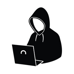 Hacker Wearing Hoodie Typing On Computer Vector Silhouette On White Background  