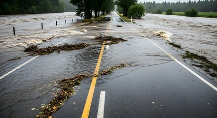 Flooded Roadway After Heavy Rainfall Event in Rural Area.