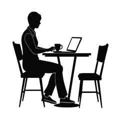 Remote Freelancer Working From Cafe Vector Silhouette On White Background  