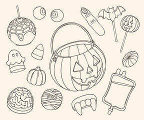 Hand-Drawn Halloween Candy Vector Set: Pumpkin Basket, Brain Cake, Blood Bag, Witch Finger & More Shaped Candies