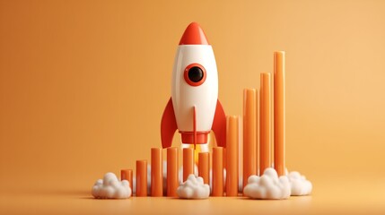 Creative 3D render of rocket taking off over a bar chart increasing in height, symbolizing profit growth and corporate success