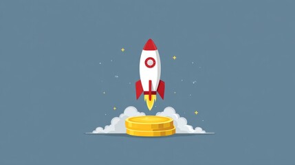 Fototapeta premium Creative flat design of rocket lifting off a golden coin, symbol of rapid profit, market growth, and success inspiration