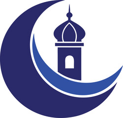 Islamic crescent moon with mosque minaret and dome silhouette