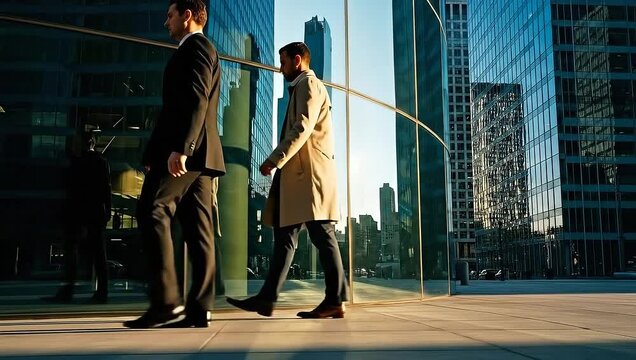 Two suited men walk past a glass-fronted building, reflecting other structures and the sky