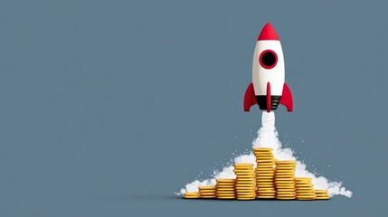 Flat graphic of rocket launch powered by coin, creative concept symbolizing high financial returns and business progress