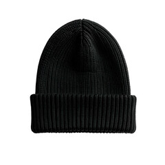A simple, solid black, knitted beanie hat with a ribbed texture and folded brim