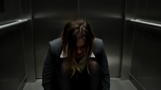 Stressed Businesswoman in Elevator - A businesswoman sits slumped in an elevator, her hair disheveled, suggesting stress, anxiety, or a breakdown.
