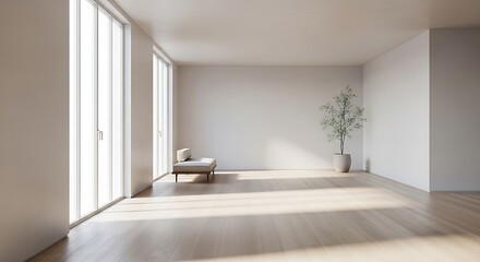 Fototapeta premium Sunlit minimalist room interior, serene and spacious with a single chair