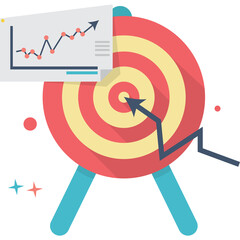 Red and yellow target with blue stand and graph showing upward trend arrow hitting bullseye with small red dots and blue sparkles on transparent background