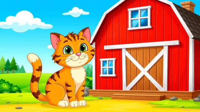 Cartoon Cat by Red Barn on Farm - An adorable cartoon tabby cat sits contentedly in front of a classic red barn on a sunny farm. Green hills and blue skies create a cheerful countryside setting.