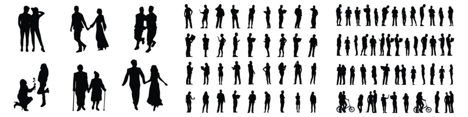 Fototapeta premium People silhouettes in elevation side view showcasing architecture | silhouettes of people in 2D | architectural drawing featuring people in section elevation view | characters in architectural