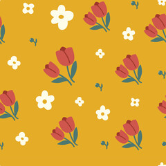 Playful Tulip Flower Pattern With Small White Flowers On A Mustard Yellow Background Seamless Design