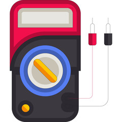 Red and black digital multimeter with blue dial and yellow indicator isolated on transparent background scientific tool for electronics measurement