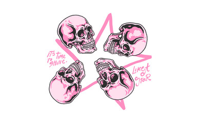 Vintage illustration of four pink skulls in a star shape. Retro artwork with Time to Shine quote for t shirt print, sticker