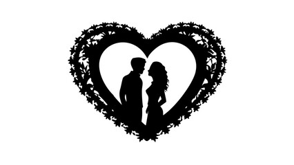 Romantic silhouette of a couple framed by a heart of leaves, perfect for wedding invitations or Valentine's Day designs, conveying love and togetherness.