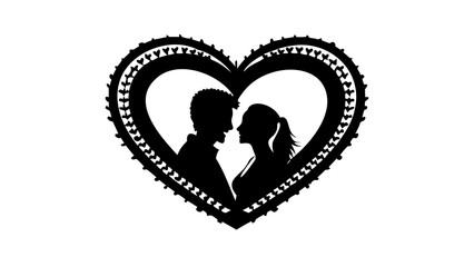 Elegant silhouette of romantic couple embracing within a heart frame, perfect for Valentine's Day designs, wedding invitations, or love-themed creative projects
