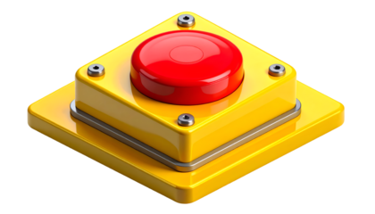 Red Emergency Button on Yellow Base - Isolated 3D Render Panic Start Stop Alert Switch