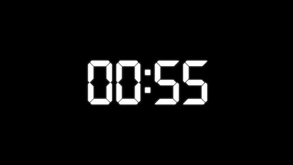 Digital countdown timer animation, glowing seven-segment LED clock display, minimalist stopwatch timer, numeric countdown overlay for videos and editing projects. 4K