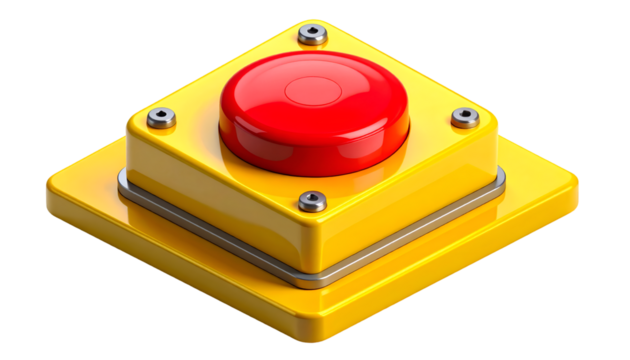 Red Emergency Button on Yellow Base - Isolated 3D Render Panic Start Stop Alert Switch - Powered by Adobe