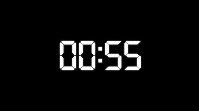 Digital countdown timer animation, glowing seven-segment LED clock display, minimalist stopwatch timer, numeric countdown overlay for videos and editing projects. 4K
