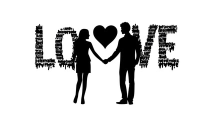 Romantic couple holding hands, framed by the word LOVE written with tiny words, symbolizing affection and commitment in a modern, stylish design.