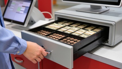 Cashier opening a cash register drawer with stacks of banknotes and coins.