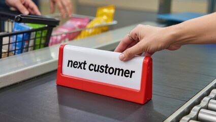 Hand placing next customer divider on checkout conveyor belt in a supermarket.