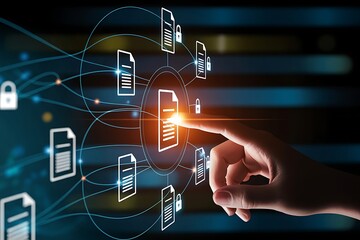 Hand interacting with a digital interface displaying documents connected by lines and security locks