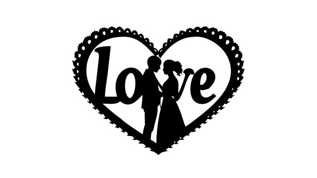 Elegant wedding silhouette inside a heart with the word Love for invitations and decorations, ideal for celebrating romance and eternal commitment