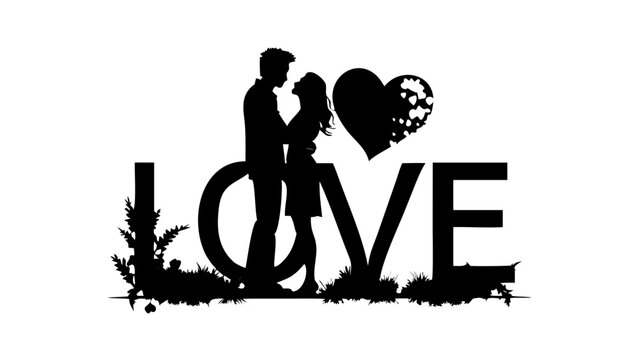 Romantic couple silhouette embracing near a heart and the word LOVE, perfect for Valentine's Day cards or heartfelt designs, conveying affection and love