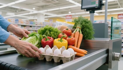 Person putting fresh groceries on conveyor belt at supermarket checkout counter.
