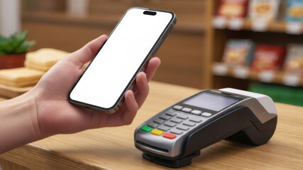 Person paying with smartphone using contactless payment on pos terminal.