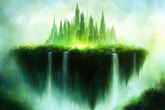 Floating emerald city with cascading waterfalls - Powered by Adobe