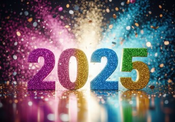 Sparkling 2025 numbers illuminated by vibrant confetti and bokeh lights