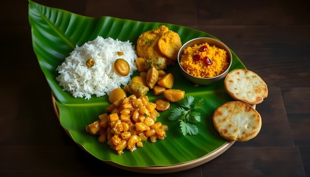 Realistic HD banana leaf meal with Andhra-style pappu, pulusu, and crispy vada
