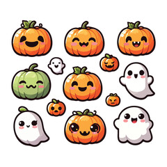 Halloween Kawaii Vector Set of Pumpkins and Ghosts with Cute Faces