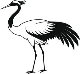 Elegant black and white illustration of a japanese crane bird