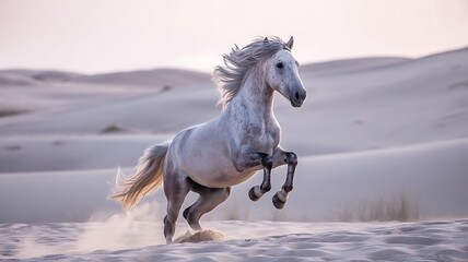 A dapple grey horse with flowing mane and tail rears up in a desert landscape white horse animal