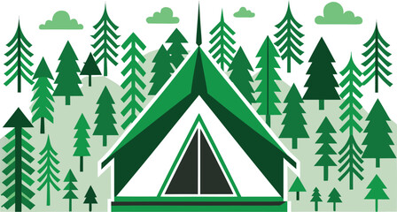 Green a frame tent in a forest of pine trees