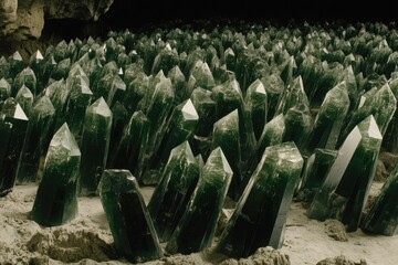 Emerald crystals densely packed in a cave