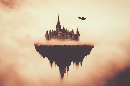 Floating castle in a hazy, sunset sky